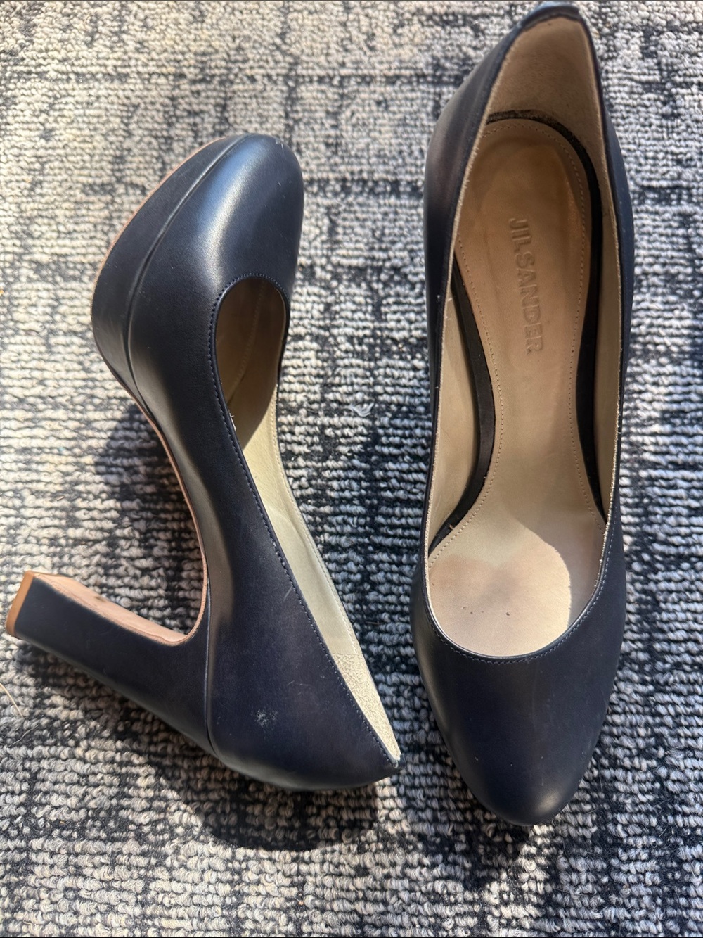 JIL SANDER Navy Leather Round-Toe Block Heel Pumps 6.5, 36.5